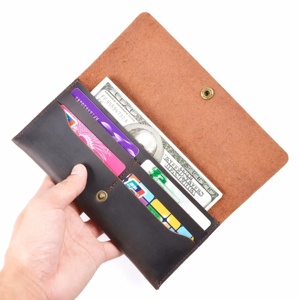 50 pieces / lot 19.5x9.5 cm Genuine Leather Long Wallet Men Bifold Men Wallet Vintage ID Card Holder Purse For Male Gifts