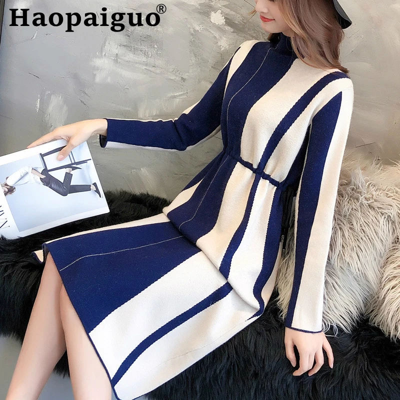 

Korean Style Contrast Midi Black Sweater Dress Women with Sashes Long Sleeve Striped Party Dresses Women Evening Knitted Dress