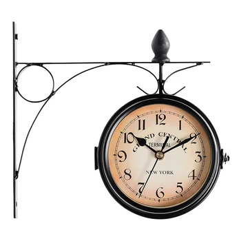 

Retro Mount Metal Garden Hanging Outdoor European Style Battery Powered Double Sided Vintage Round Wall Clock Coffee Bar Station