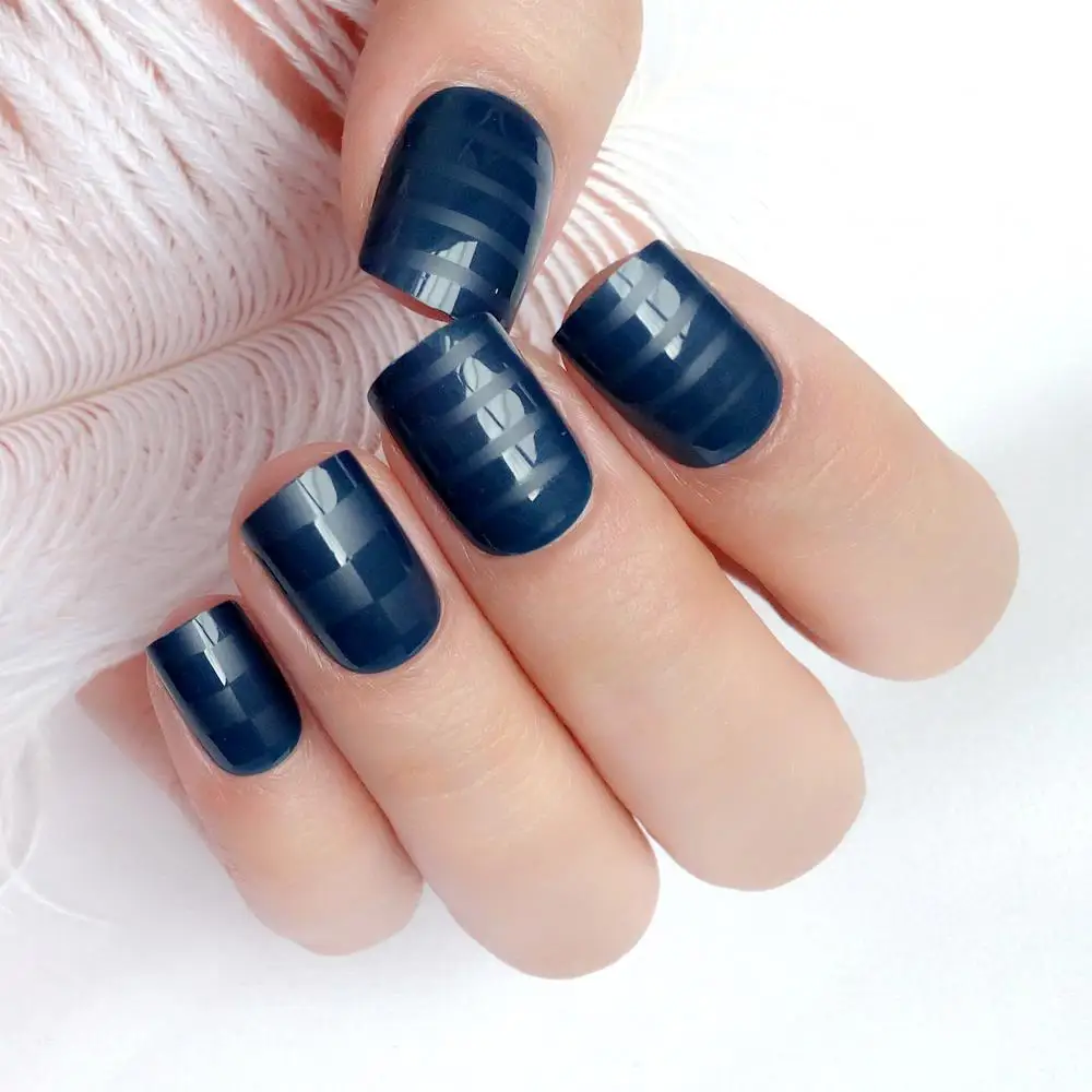 

24Pcs Navy Blue Fake Nail With Design Matte Shiny Grid Artificial False Nails DIY Full Cover Finger Tips Manicure Tools