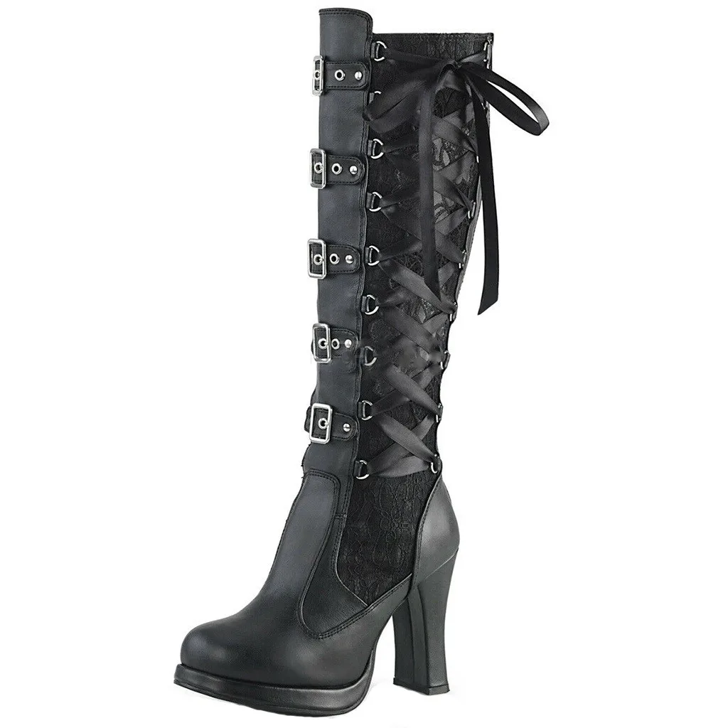 Зимние женские ботинки на высоком каблуке в готическом стиле, Панк; черные ботинки; обувь на Creeper каблуке с пряжкой и ремешком на шнуровке; военные ботинки до середины икры; Botas