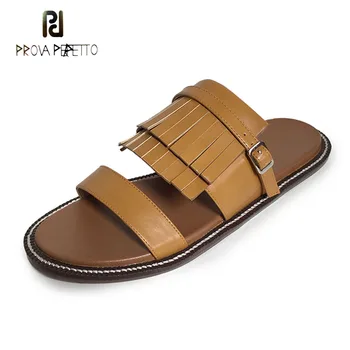 

Prova Perfetto Leisure Style Fringe Slippers Women Summer Outside Wear Shoes Genuine Leather Tassel Slip on Cozy Women Slides