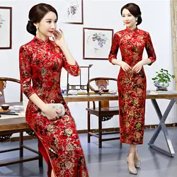 Тонкое винтажное китайское женское длинное бархатное платье Ципао вечернее платье M-4XL