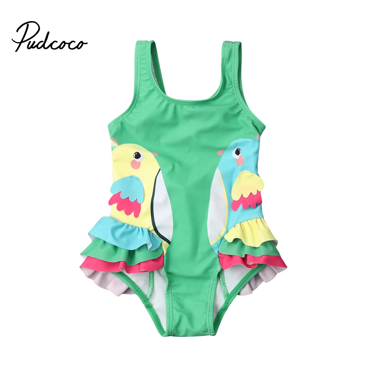 

2019 Brand New Toddler Kid Baby Girls 3D Cartoon Birds Swimsuit One Piece Bikini Swimwear Colorful Ruffles Beach Bathing Suit