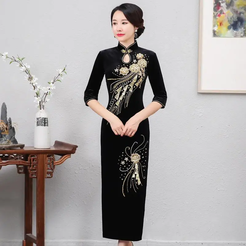 Платье с цветочным принтом, воротник-стойка, рукав до локтя, Cheongsam Vestidos, женское платье с высоким разрезом, сексуальное вечернее платье с бусинами, Qipao размера плюс - Цвет: StyleB 4