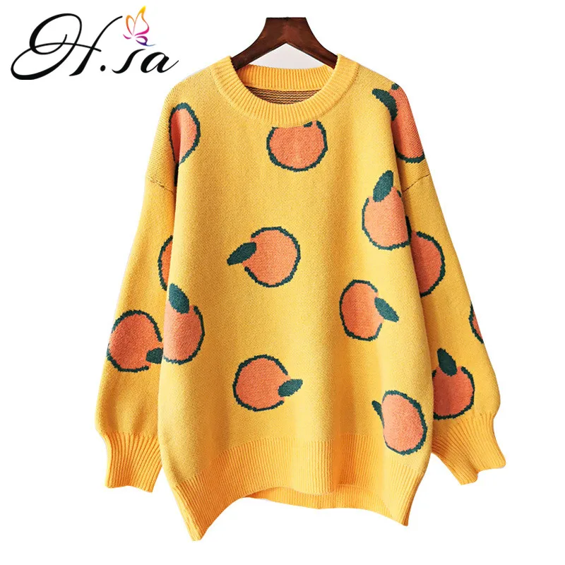 

H.SA Women Pull Sweater and Jumpers Green Yellow APPLES Casual Knit Pullovers Loose Warm Winter Cartoon Pull Femme Outwear Tops