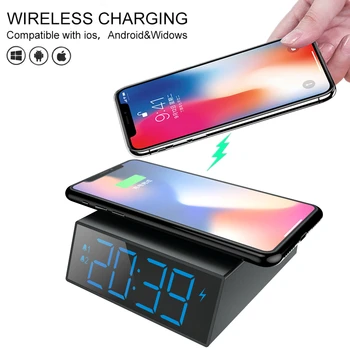 

Electronic led alarm clock with 10w fast wireless charger Bedside snooze clock digital alarm clock with12/24 hours display