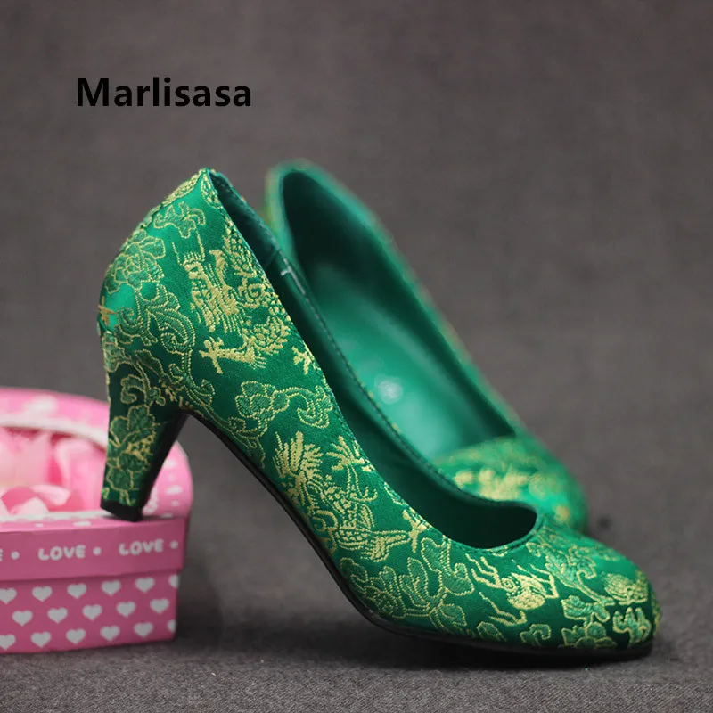 Marlisasa Women Cute Light Weight Green Floral Pattern Slip on High Heel Pumps Ladies Casual Wedding Red Embroidery Shoes H5519