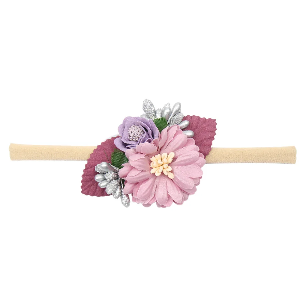 IBOWS Hair Accessories Lovely Baby Headband Fake Flower Nylon Hair Bands For Kids Artificial Floral Elastic Head Bands Headwear - Цвет: 36