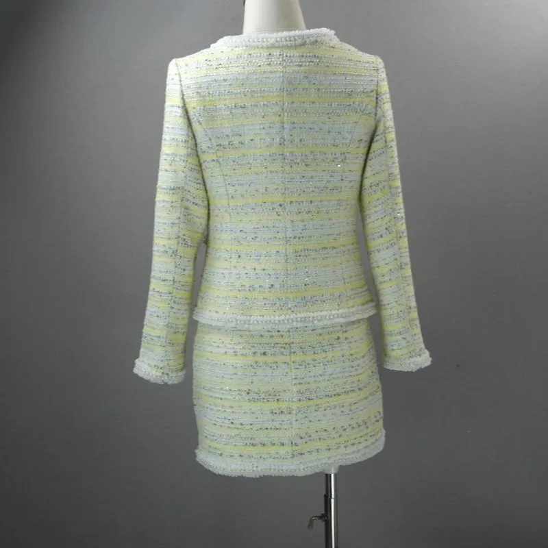 

Luxury Brand Beading Two Pieces Sets Runway Long Sleeve Slim Fit Tops Coats + Mini Skirt Business Casual Sexy Outfit Women