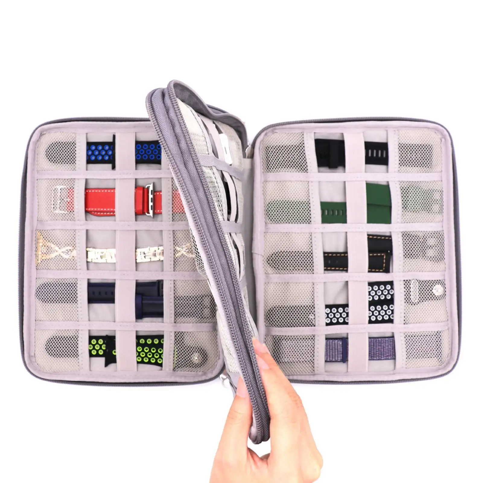 

Double Layers 18 Slots Watch Strap Organizer Power Bank Data Cable Storage Pouch Suitable For Watch Strap With Width Of 1-50mm