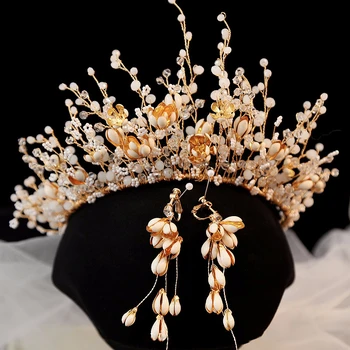 

High End en Crystal Crown With Earrings Princess Crowns Handmade Pearl Tiara Wedding Diadem For Women Jewelry Headband