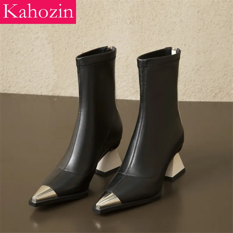 

Kahozin luxury shoes women designers high heel ankle boot shoe heels 7CM Bizarre heel First layer cowhide vamp pointed toe zip