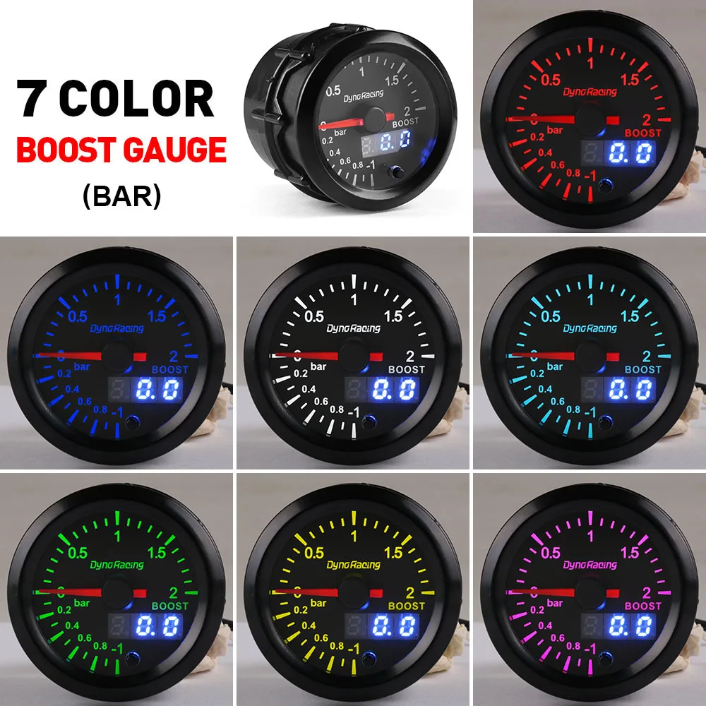  Dynoracing 2'' 52mm Dual Display 2BAR Turbo Boost gauge 7 colors Led Boost meter with Stepper Motor - 4000127134785