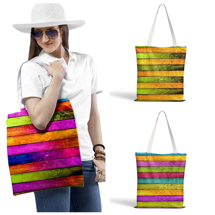 

3D Colorful Stripes Painting Shopper Tote Bag Ladies Canvas Reusable Shopping Bag Outdoor Leisure Beach Bag Bolsa De Tela