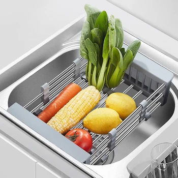 

Stainless Steel Kitchen sink drain basket retractable drain rack tableware Drying Storage shelf Fruit Vegetable Tray Drainer