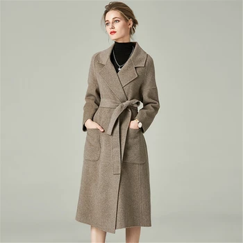

Two Button Lace Up Double Cashmere Wool Overcoat Elegant Fashion Long Woolen Coat Autumn Winter Women's Clothing 2020