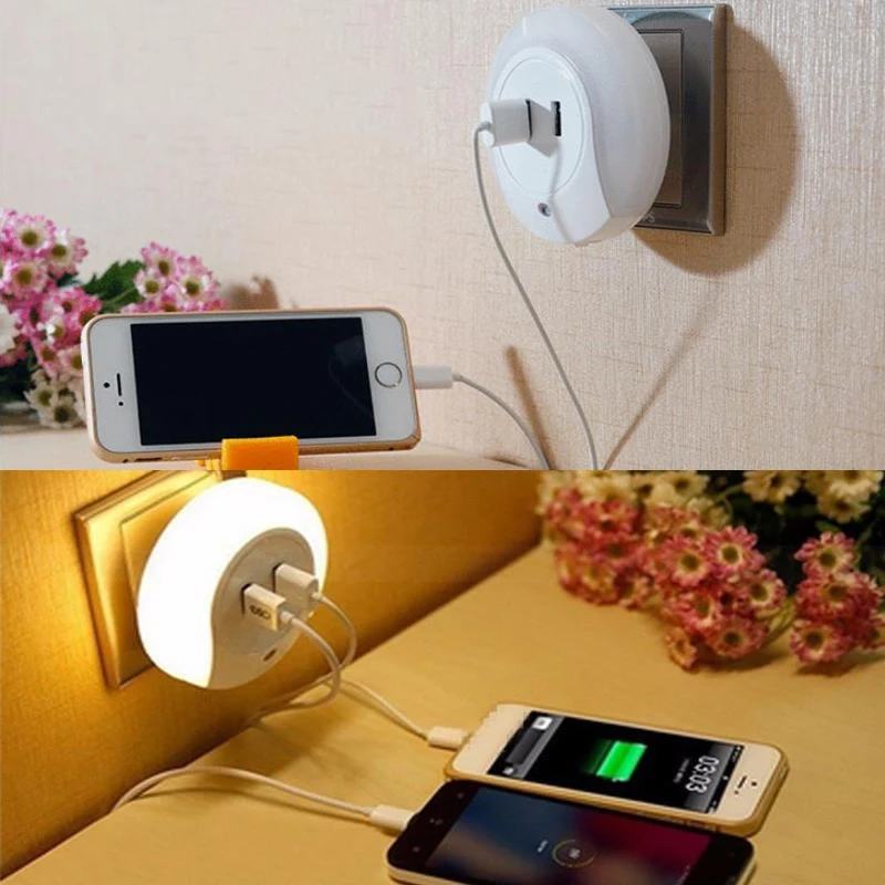 

USB Double For Mobile Phones Tablet Charge Wall Night Light Sensor Household