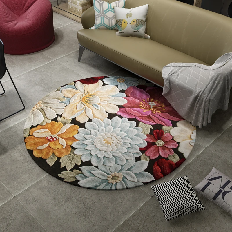 European Style 3D Three-dimensional Flower Plant Round Bedroom Door Living Room Crystal Velvet Non-slip Floor Mat Carpet |