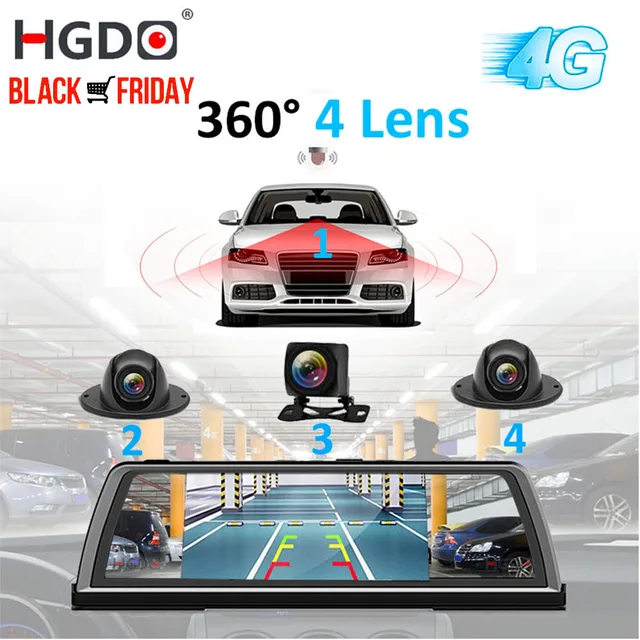 HGDO H100 4 obiektyw ADAS kamera samochodowa wideorejestrator lustro 4G 10 "Media lusterko wsteczne 4 rdzeń Android kamera na deskę rozdzielczą FHD 1080P GPS