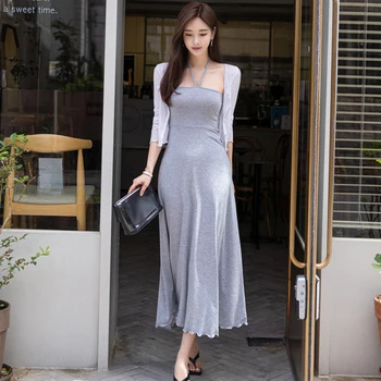 

Casual Two Piece Set Women Summer Korea Sexy Halter Swing Maxi Long Dress Vestidos White Cardigan Strapless Dresses Suits