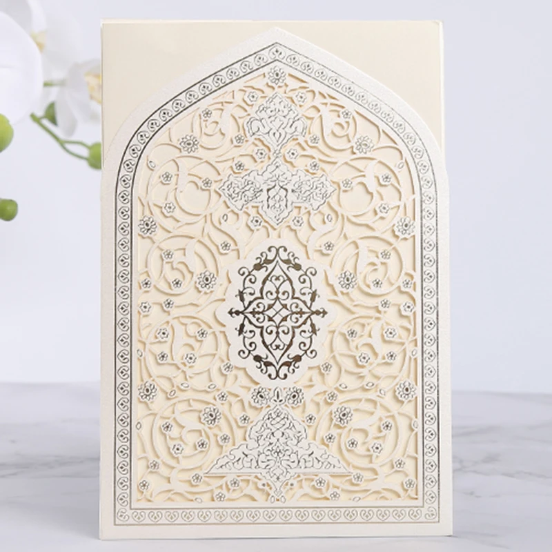 

50pcs Hollow Laser Cut Wedding Invitation Cards Favors Greeting Card Print Islamic Muslim Card Ramadan Decoration Party Supplies