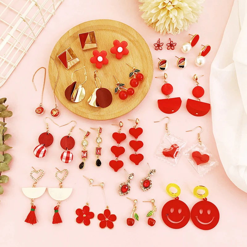 

2019 Red Tassel Pearl Earrings Geometric Statement Earrings Metal Vintage Earring Flowers Love Korean Fashion For Women Jewelry