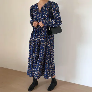 

YAMDI spring summer a-line midi dress women long sleeve woman party elegant 2020 korean vintage dresses loose print floral print