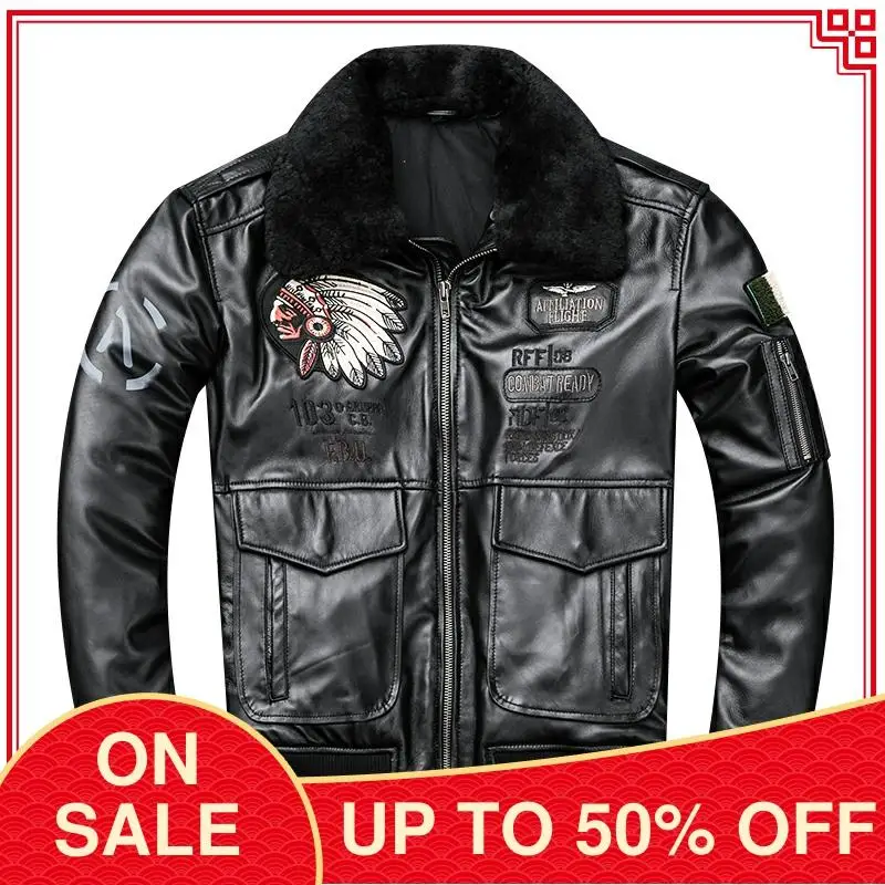 2021 Мужская черная кожаная куртка в стиле пилота с шерстяным воротником из