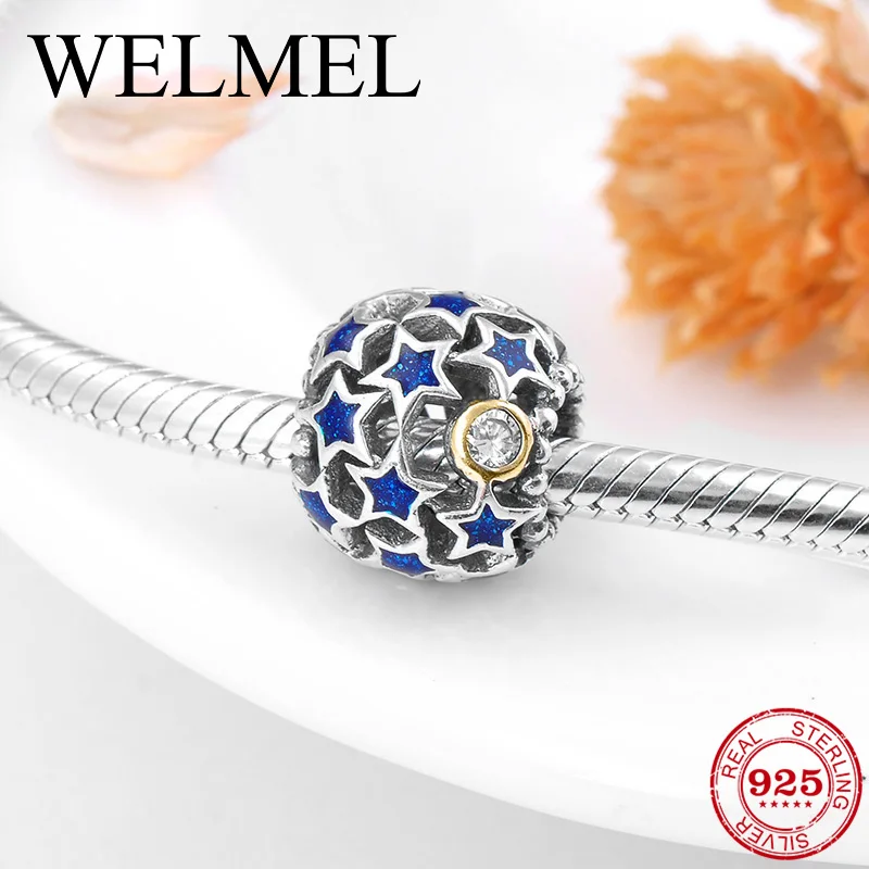 

New 925 Sterling Silver Hollow blue Five-pointed star CZ beads Fit Original Pandora Charm Bracelet Jewelry making