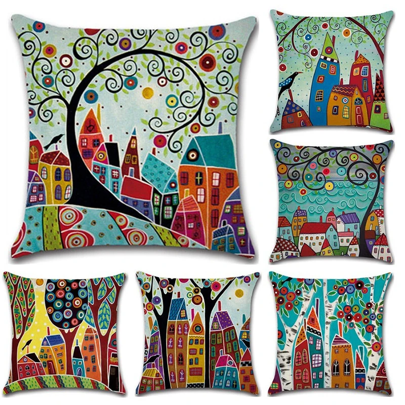 Best Vintage European Building Style Pattern Pillow Case Cotton Linen Cushion Cover Decorative Throw Pillowcase Sofa Car Home Decor