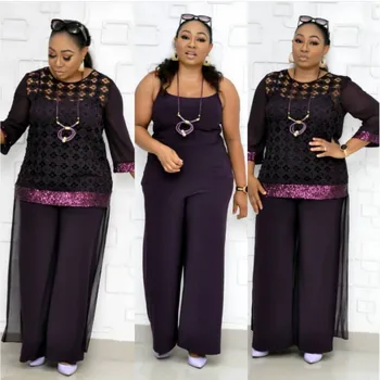 

3 Piece Sets New Style Classic African Sets For Women Sequined African Bazin Baggy Pants Rock Dashiki Sleeve Famous Suit Lady