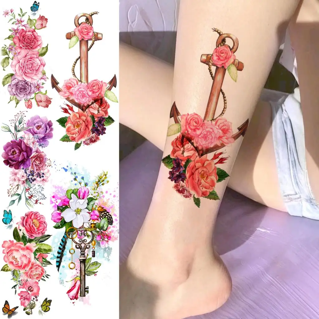 

Временные татуировки для женщин, 3D акварельные татуировки с цветами розы, якорем, пионами, бабочками, ключами, искусственная татуировка, сексуальная телячья моющаяся татуировка