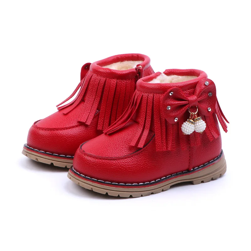 

2020 Girls Ankle Boots Finages Princess Sweet Red Pink PU Leather Warm Rubber Boots ffor Toddler Kids Cotton Tassels Shoe D10131
