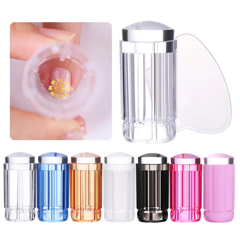 

1 Pc Clear Nail Stamper Jelly Silicone Colorful Handle Stamper Head With Clear Cap Nail Scraper Design Nail Stamping Tool