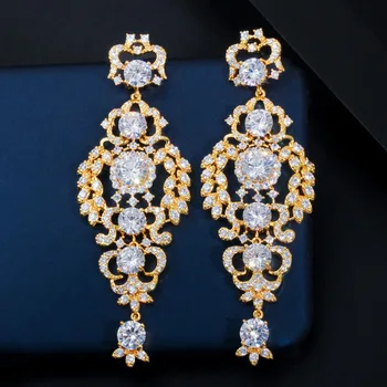 

LUALA Exclusive Long Leaf Drop Dangling Cubic Zircon Wedding Engagement Party Indian 18k Gold Earrings for Women CZ659