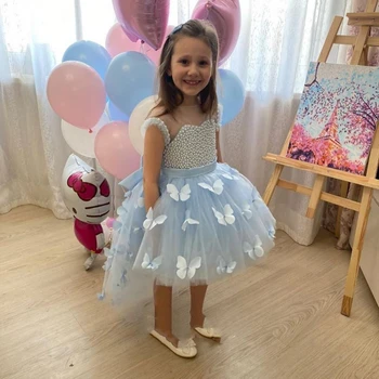 

Sky Blue Flower Girl Dresses White Ball Gown Girls First Communion Pearle With 3D butterfly Robe Ceremonie Fille Mariage Enfant