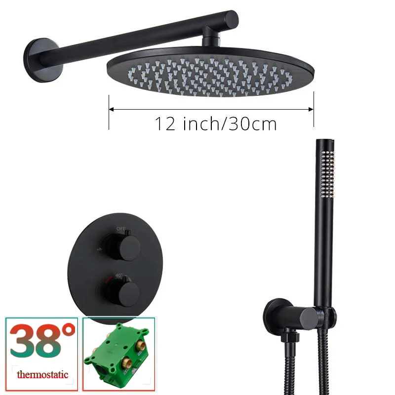 12 inch Wall Mounted Смеситель для душа с термостатом с двойной ручкой матовый черный Ванная комната смеситель для душа кран встроенный ящик заслонка смесителя для душа - Цвет: 12 inch Wall Mounted