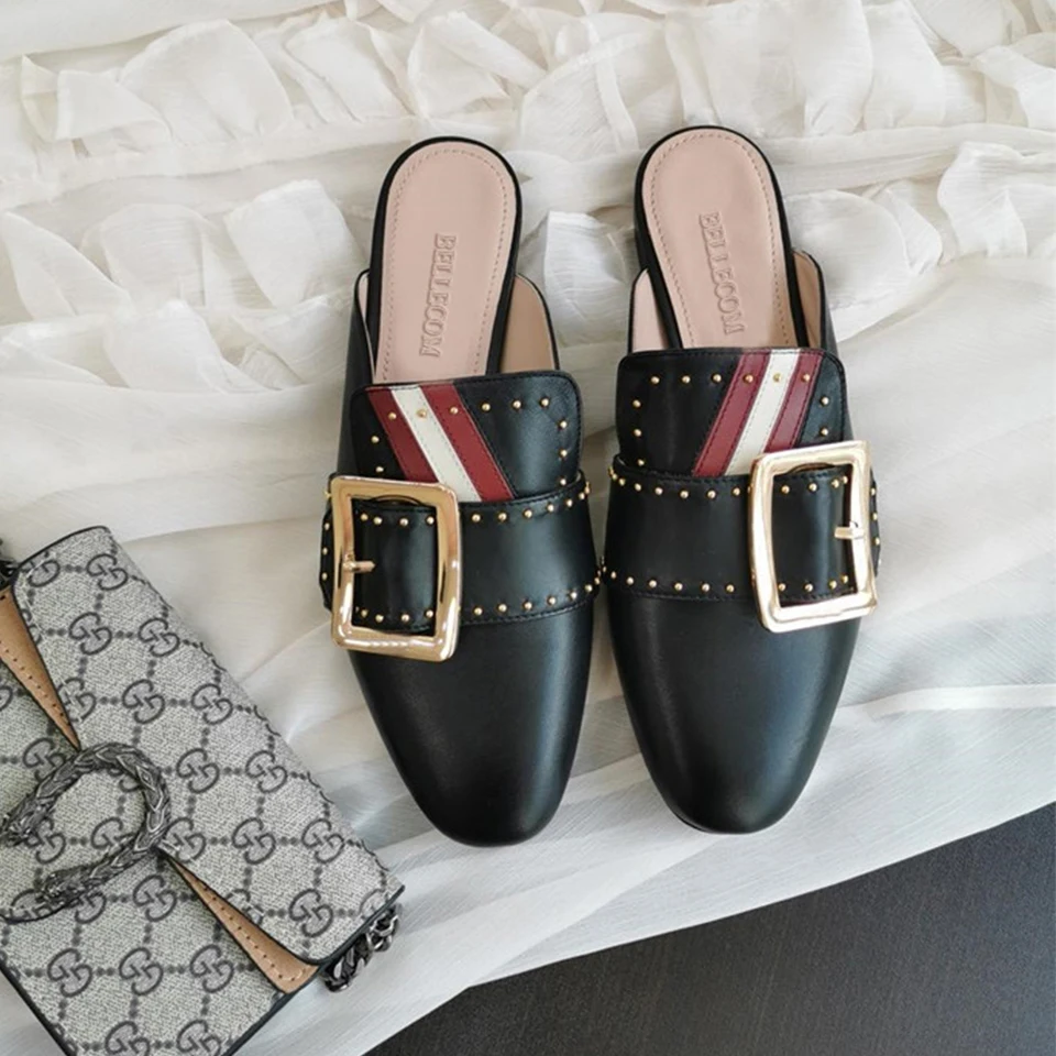 

BELLECOM 2009 Summer New Style Women Button Leather Slackers Cold Slipper Head Rivets Outside Half Slippers