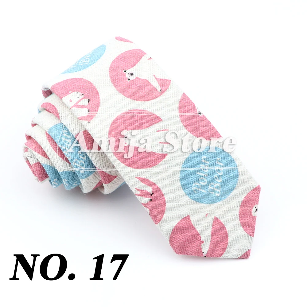 High Quality Cute Linen Cartoon Tie For Men Cat Polar Bear Watermelon Waves Printed Funny Gift Animal Narrow Striped Slim Cravat