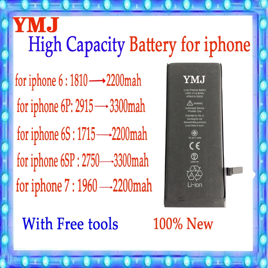 YMJ 1 шт. абсолютно новый AAAAA аккумулятор высокой емкости для iPhone 6 6P 6S 6SP 7 батарея