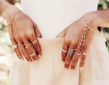 

Trendy cz Crystal Stars moon Slave Chain Bracelet for lady Finger Hand Adjustable gold Chain real 925 fine silver delicate