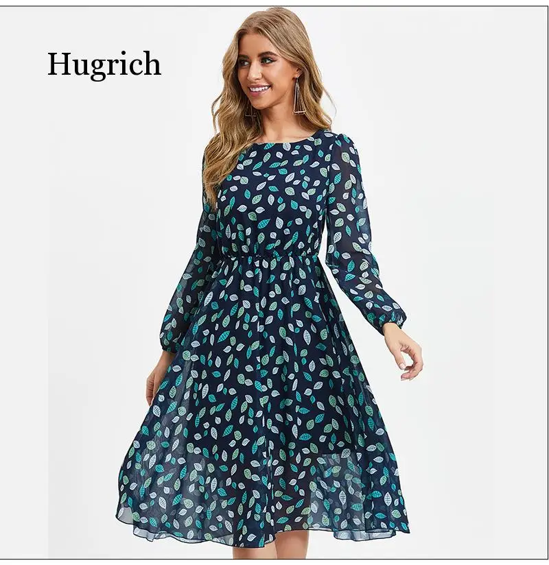 

Spring Vintage Leaves Print Bohemian Dress Women Boho Chiffon Long Sleeve a Line Dress o Neck Summer Beach Vestidos