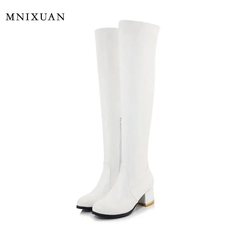 MNIXUAN/Женская обувь Сапоги выше колена сапоги до бедра на высоком каблуке новые зимние белые сапоги на блочном каблуке высокие сапоги Большой размер 42