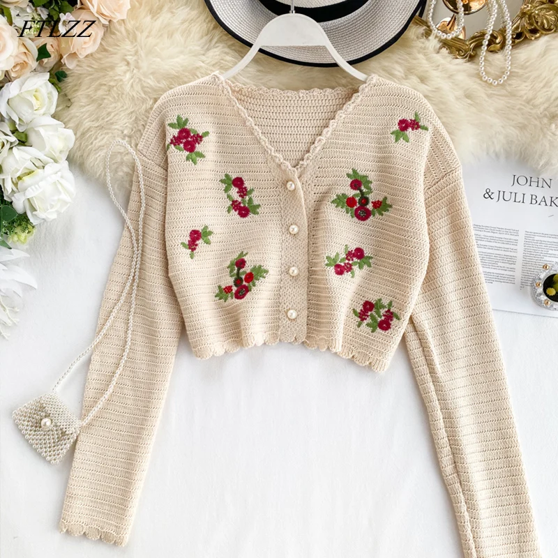 FTLZZ Women Floral Embroidery Short Coat Autumn V Neck Sweater Button Casual Jacket Female Cardigans Warm Knitted Thin Tops |