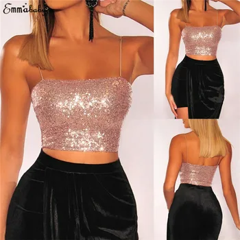

Sexy Summer Women's Camisole Tops Fashion Club Solid Sequins Ladies Crop Tops Spaghetti Strap Slim Tank Tops Vest Bra