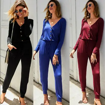 

Sexy Women's Button V-Neck Long Sleeve solid color Belted Jumpsuit Ladies Casual Stretchy Playsuits 3colors