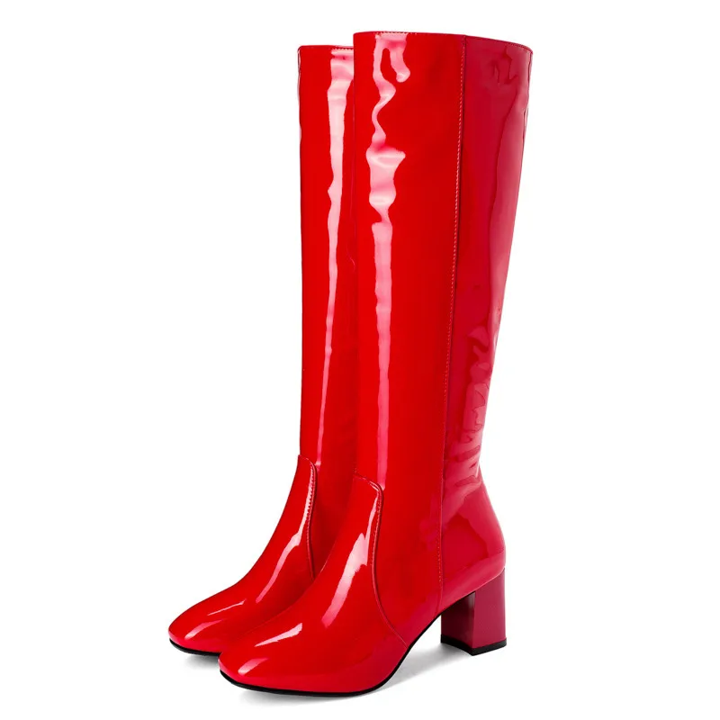 Новинка; Лидер продаж; женские высокие сапоги из лакированной кожи; водонепроницаемые сапоги до колена; белые, красные вечерние сапоги; женская обувь; сезон осень-зима - Цвет: Красный