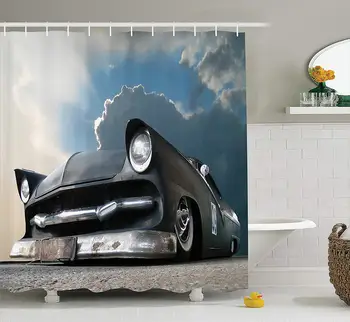 

Custom Made Matt Show Car and Dramatic Sky Clouds Broken Classics Cloudscape Shower Curtain Dark Grey Iridium White