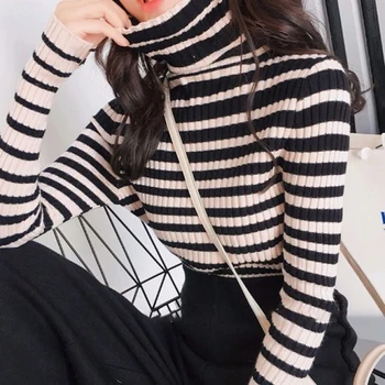 

Sweater Casual Fashiion Turtleneck Long-Sleeved Loose Stripe Pattern Autumn Knitted Comfortable And Breathable Simple